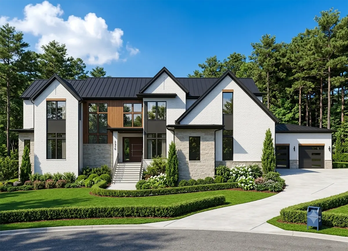 Projekt domu piętrowego o pow. 582 m²: 4 Sypialnie, Gabinet, 6 Łazienki, Otwarta kuchnia, Garaż