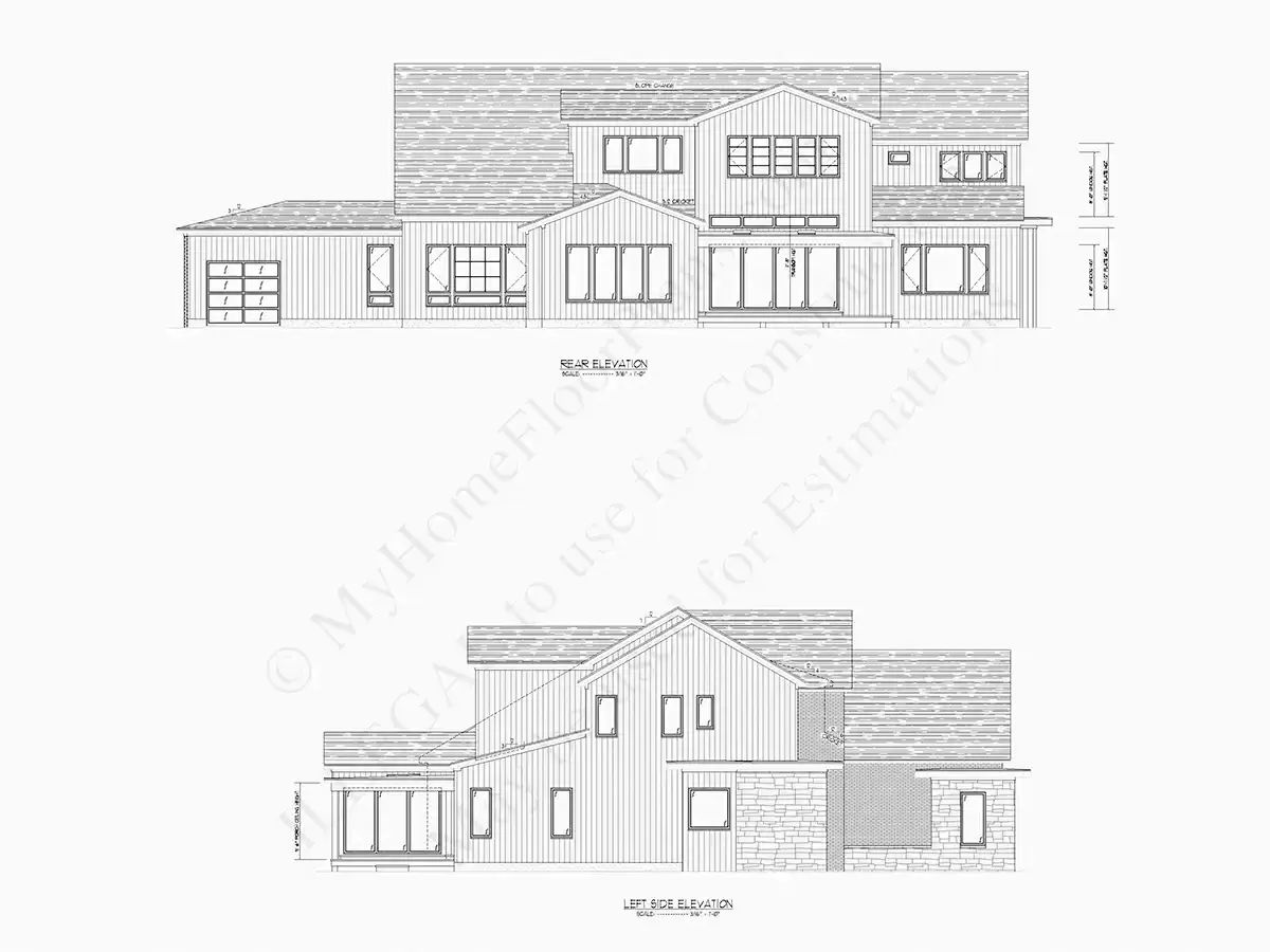 Projekt domu piętrowego o pow. 582 m²: 4 Sypialnie, Gabinet, 6 Łazienki, Otwarta kuchnia, Garaż