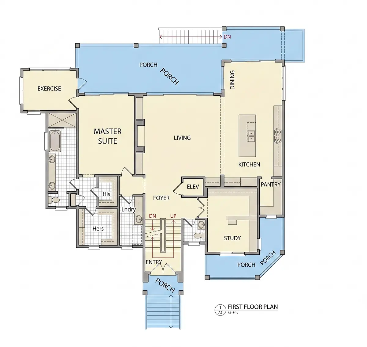 Projekt domu dwupiętrowego o pow. 382 m²: 4 Sypialnie, Gabinet, 4 Łazienki, Otwarta kuchnia, Garaż