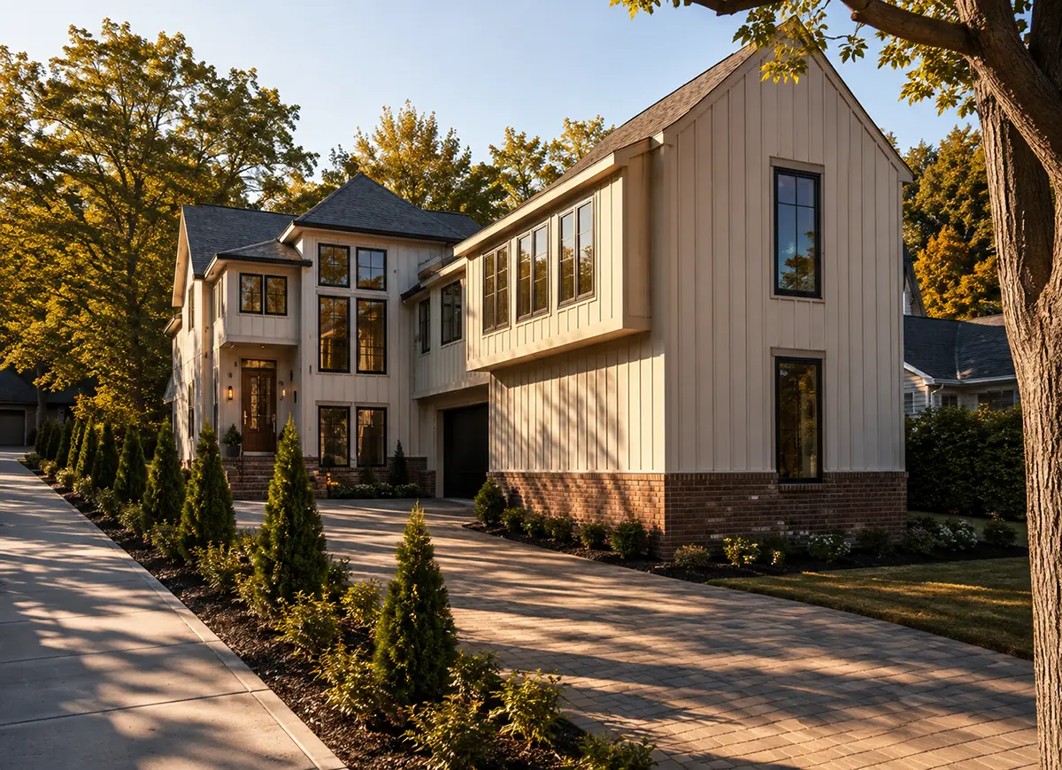 Projekt domu piętrowego + piwnicą o pow. 414 m²: 4 Sypialnie, Gabinet, 6 Łazienki, Otwarta kuchnia, Garaż