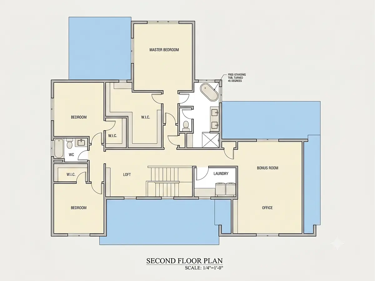 1. piętro 10 – Projekt domu piętrowego o pow. 356 m²: 4 Sypialnie, 4 Łazienki, Otwarta kuchnia, Garaż — 13464R