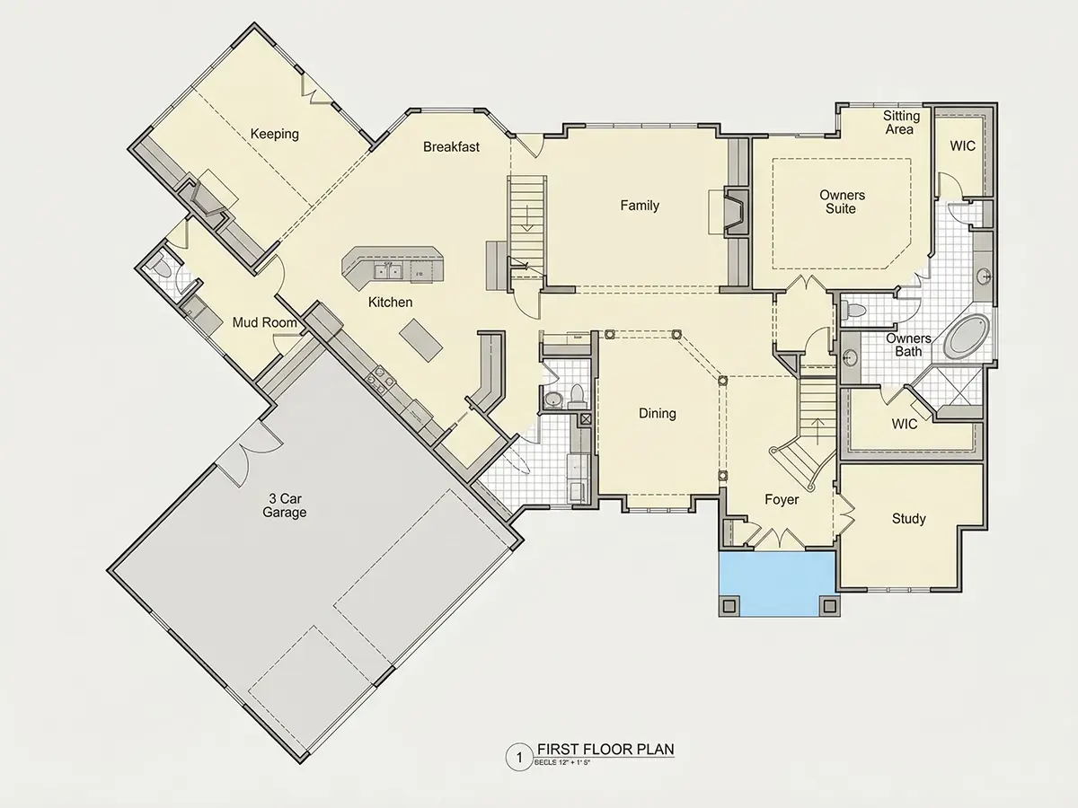 Parter 9 – Projekt domu piętrowego o pow. 497 m²: 4 Sypialnie, Gabinet, 6 Łazienki, Otwarta kuchnia, Garaż — 82132R