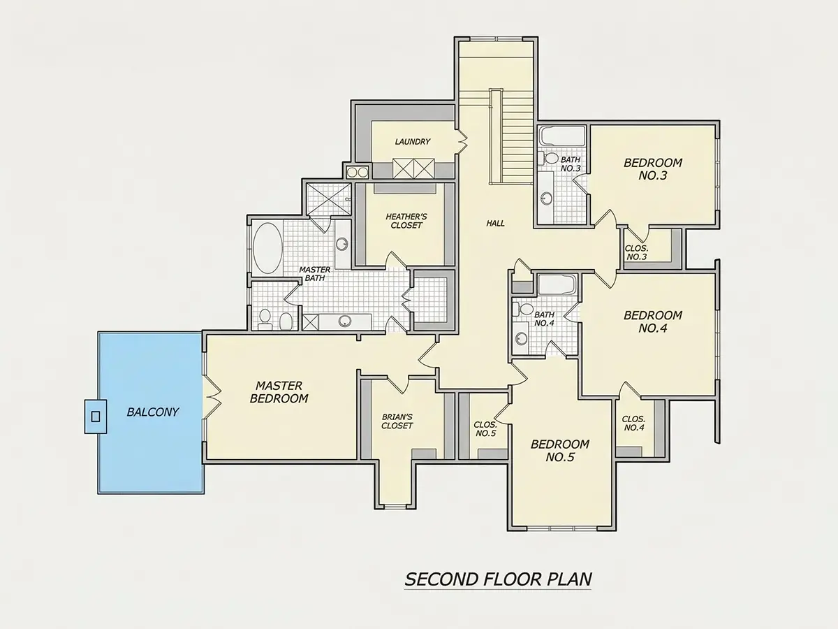1. piętro 34 – Projekt domu piętrowego + piwnicą o pow. 630 m²: 6 Sypialnie, 6 Łazienki, Otwarta kuchnia, Garaż — 59624R