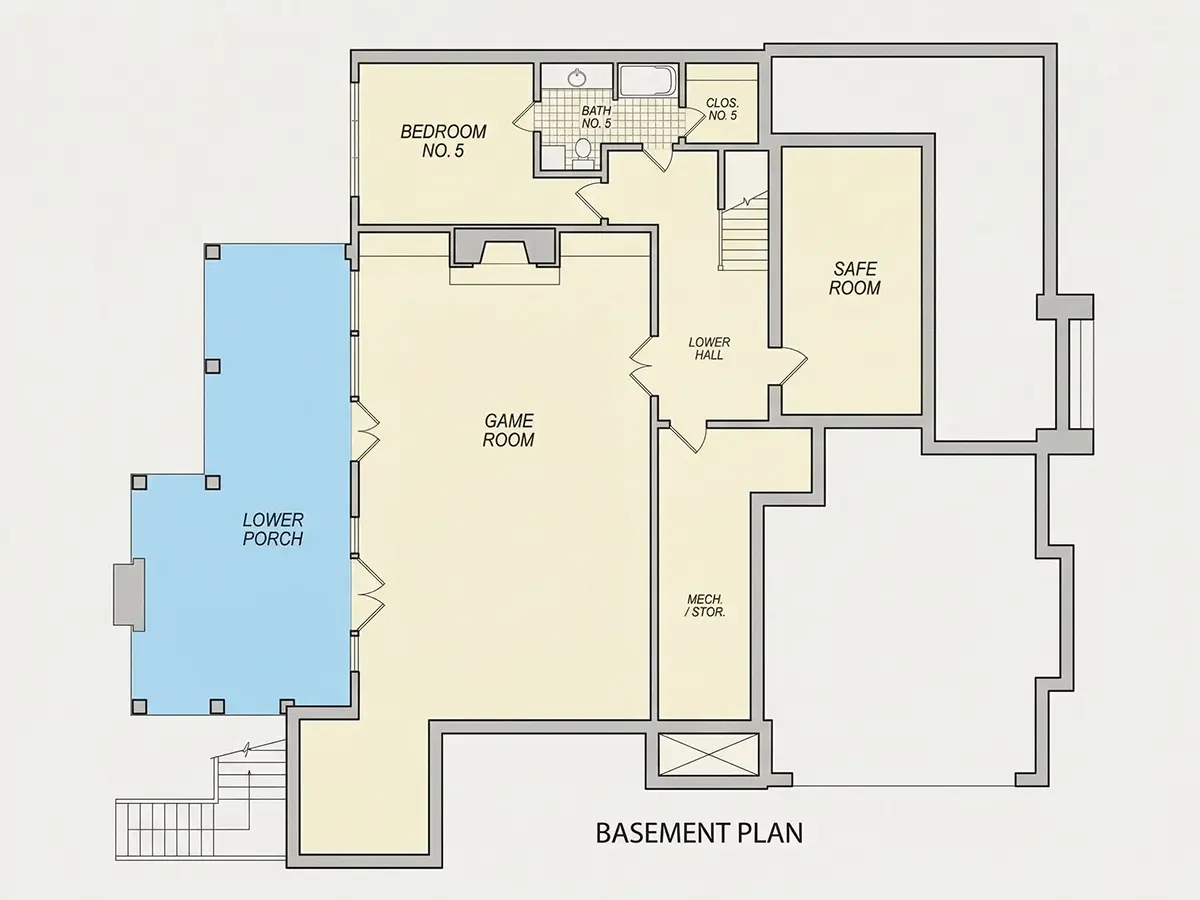 Piwnica 32 – Projekt domu piętrowego + piwnicą o pow. 630 m²: 6 Sypialnie, 6 Łazienki, Otwarta kuchnia, Garaż — 59624R