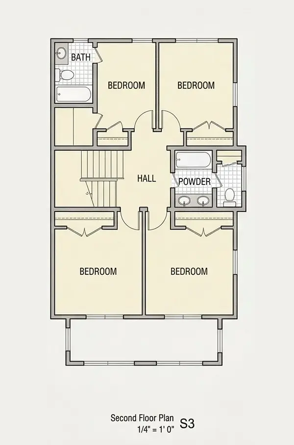 1. piętro 7 – Projekt domu dwupiętrowego o pow. 251 m²: 5 Sypialnie, Gabinet, 4 Łazienki, Otwarta kuchnia, bez Garażu — 24322R