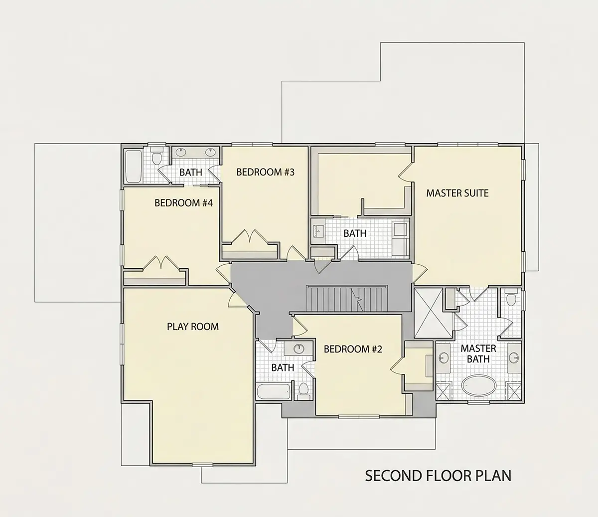 1. piętro 9 – Projekt domu dwupiętrowego o pow. 372 m²: 5 Sypialnie, Gabinet, 6 Łazienki, Otwarta kuchnia, Garaż — 29445R