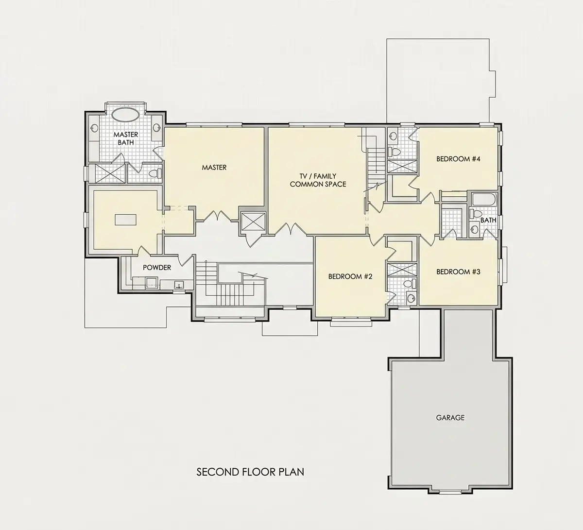 1. piętro 21 – Projekt domu dwupiętrowego o pow. 483 m²: 5 Sypialnie, Gabinet, 6 Łazienki, Otwarta kuchnia, Garaż — 82660R