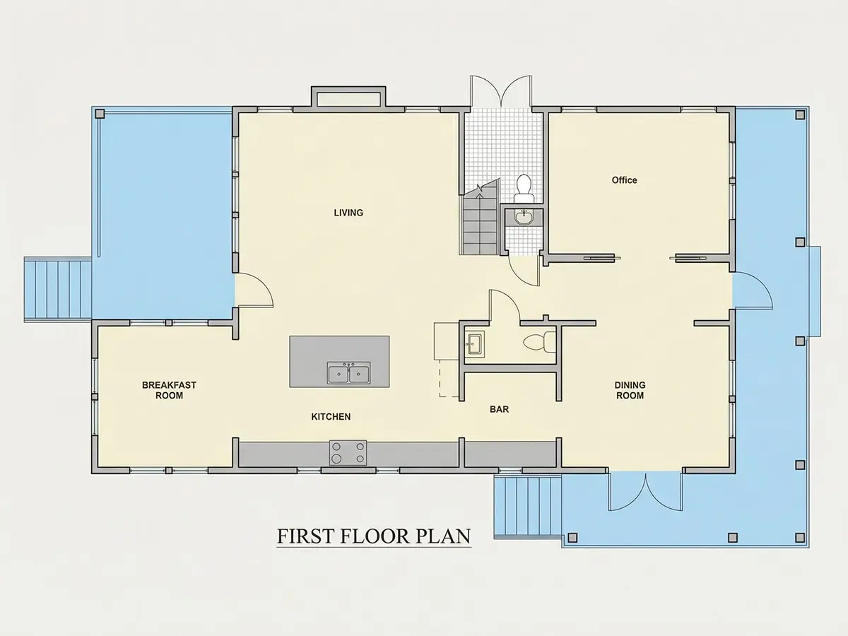 Parter 23 – Projekt domu piętrowego o pow. 246 m²: 3 Sypialnie, Gabinet, 4 Łazienki, Otwarta kuchnia, bez Garażu — 39006R