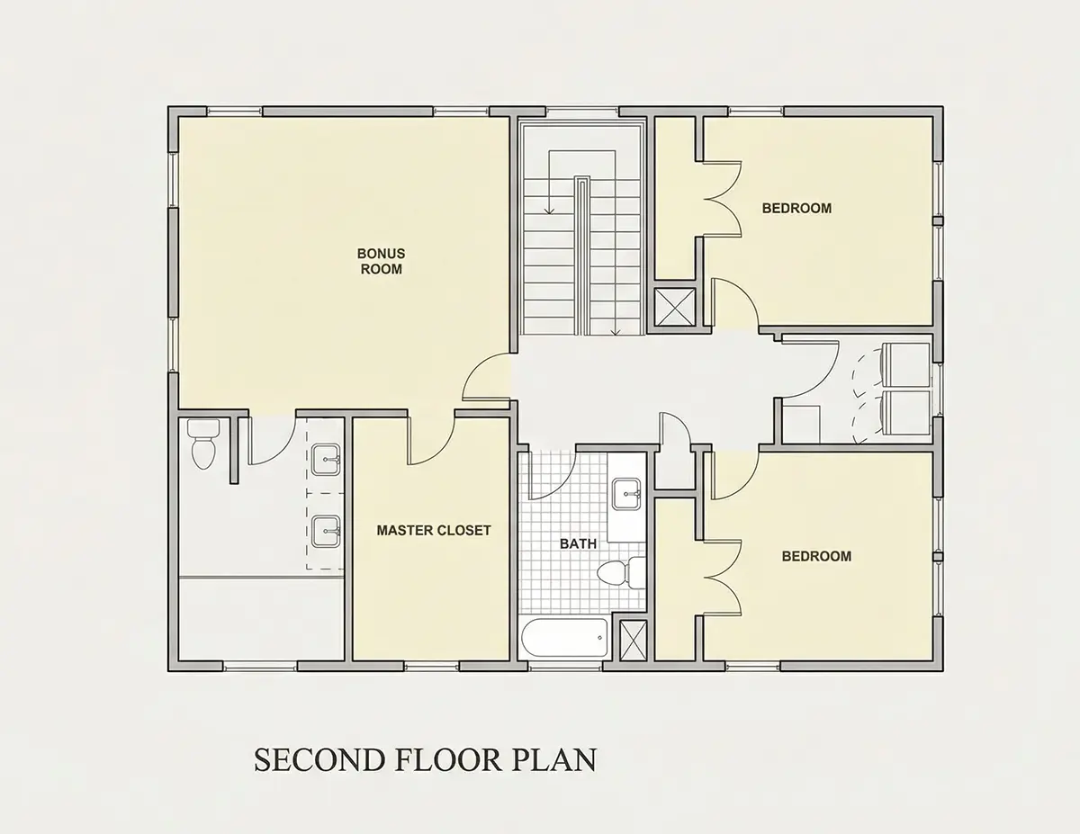 1. piętro 24 – Projekt domu piętrowego o pow. 246 m²: 3 Sypialnie, Gabinet, 4 Łazienki, Otwarta kuchnia, bez Garażu — 39006R