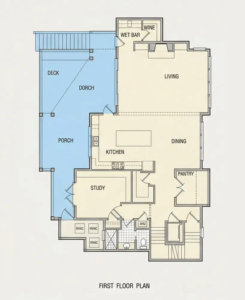 Parter 12 – Projekt domu dwupiętrowego o pow. 213 m²: 4 Sypialnie, Gabinet, 6 Łazienki, Otwarta kuchnia, Garaż — 89404R