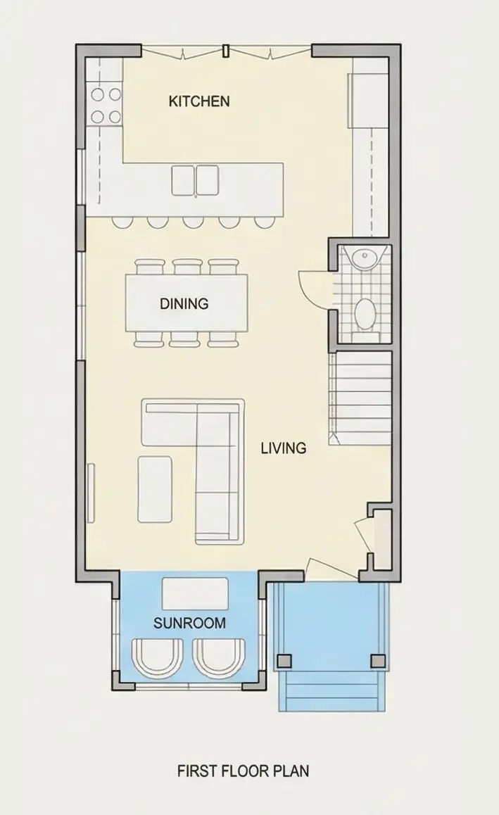 Parter 8 – Projekt domu dwupiętrowego o pow. 158 m²: 3 Sypialnie, 3 Łazienki, Otwarta kuchnia, bez Garażu — 46831R