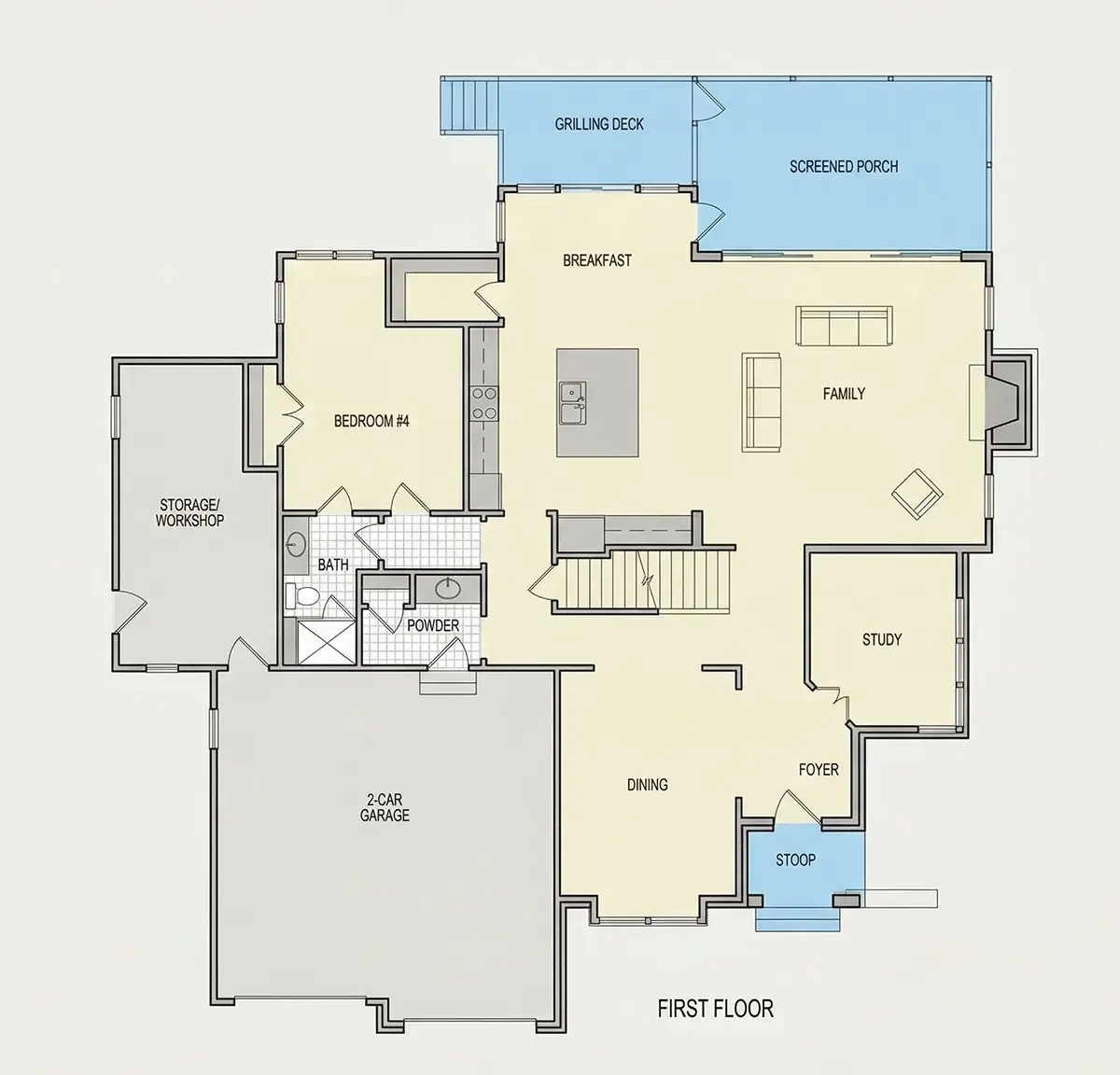 Parter 12 – Projekt domu piętrowego o pow. 334 m²: 4 Sypialnie, Gabinet, 5 Łazienki, Otwarta kuchnia, Garaż — 74831R