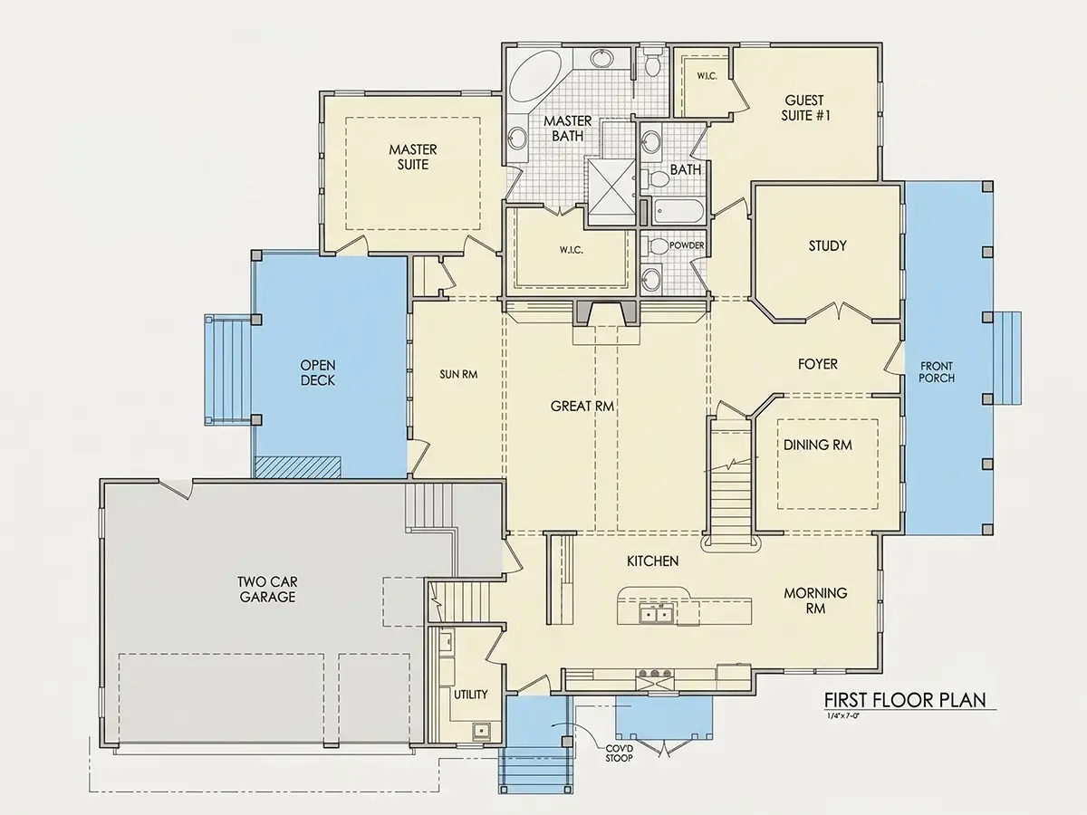 Parter 10 – Projekt domu z poddaszem użytkowym o pow. 299 m²: 4 Sypialnie, Gabinet, 4 Łazienki, Otwarta kuchnia, Garaż — 28129R