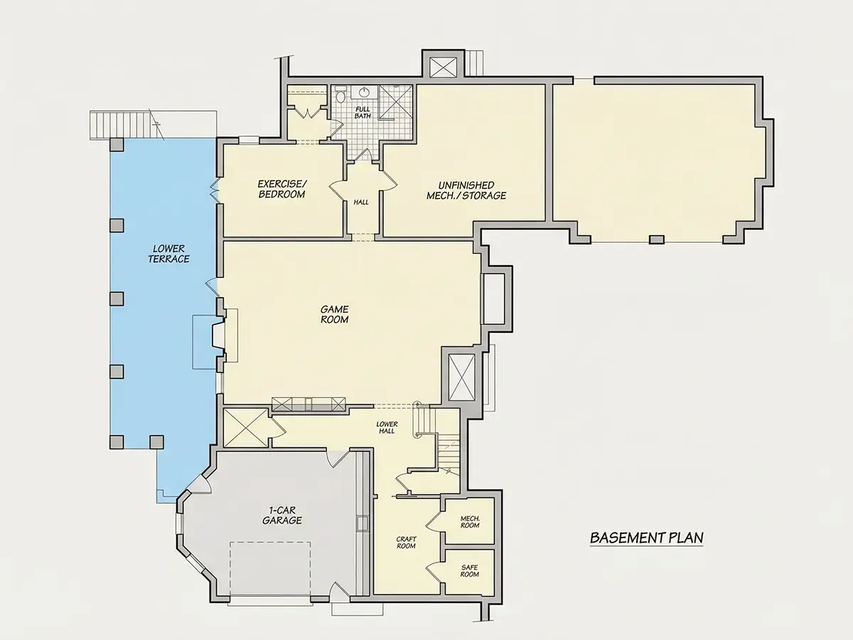 Piwnica 9 – Projekt domu z poddaszem użytkowym + piwnicą o pow. 422 m²: 3 Sypialnie, Gabinet, 5 Łazienki, Otwarta kuchnia, Garaż — 77707R
