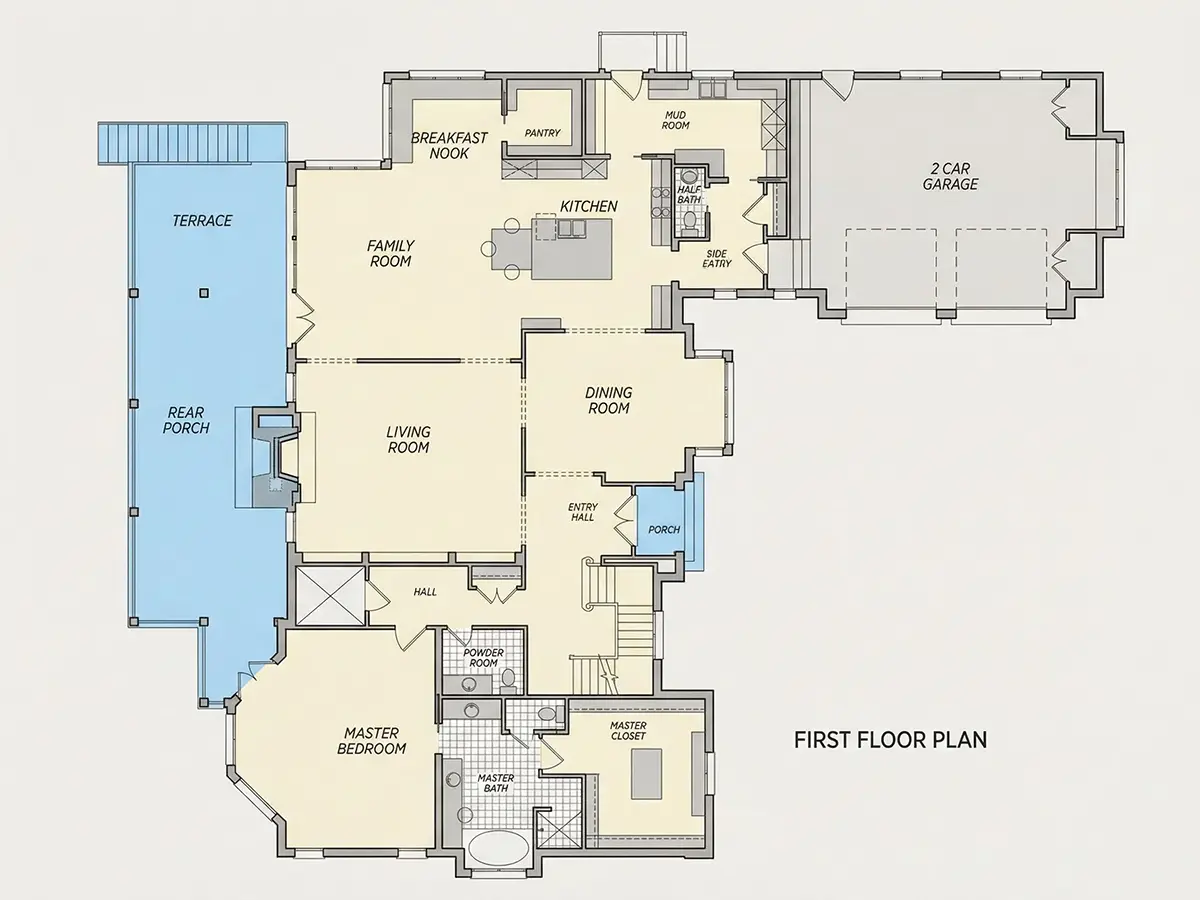 Parter 10 – Projekt domu z poddaszem użytkowym + piwnicą o pow. 422 m²: 3 Sypialnie, Gabinet, 5 Łazienki, Otwarta kuchnia, Garaż — 77707R