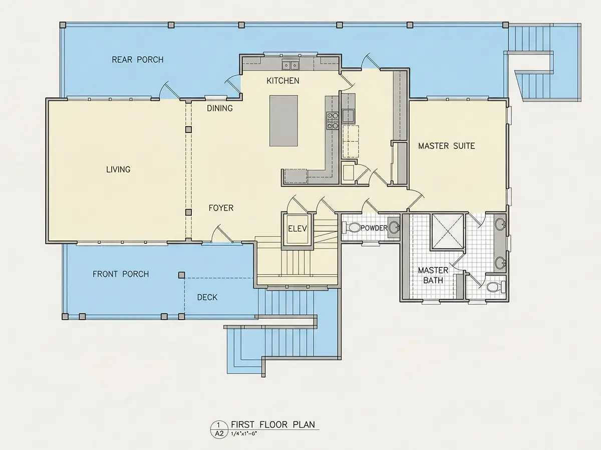 Parter 9 – Projekt domu dwupiętrowego o pow. 341 m²: 5 Sypialnie, 6 Łazienki, Otwarta kuchnia, Garaż — 96890R
