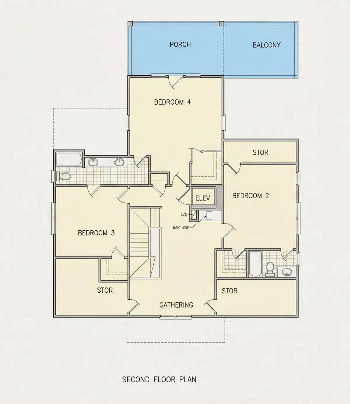 1. piętro 26 – Projekt domu dwupiętrowego o pow. 306 m²: 4 Sypialnie, Gabinet, 5 Łazienki, Otwarta kuchnia, Garaż — 47749R