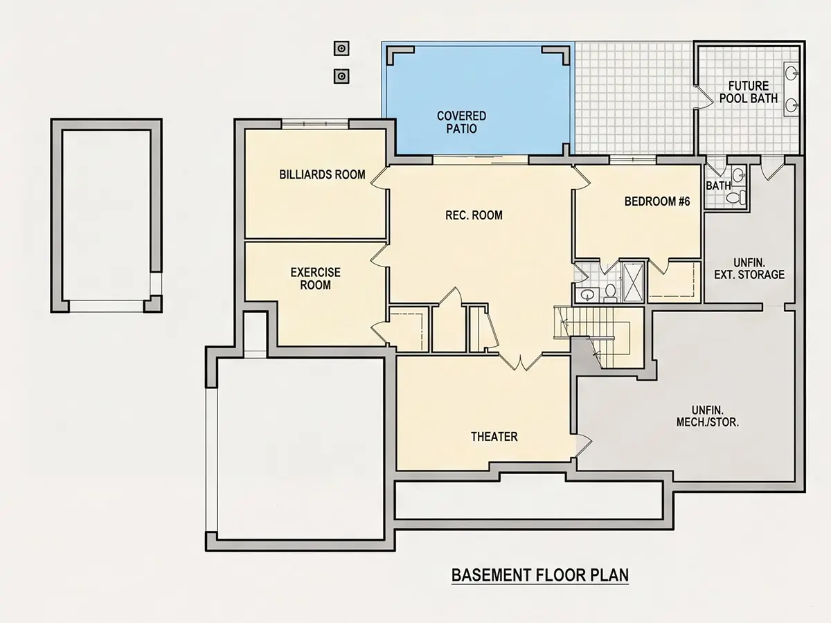 Piwnica 10 – Projekt domu piętrowego + piwnicą o pow. 646 m²: 6 Sypialnie, Gabinet, 7 Łazienki, Otwarta kuchnia, Garaż — 35577R