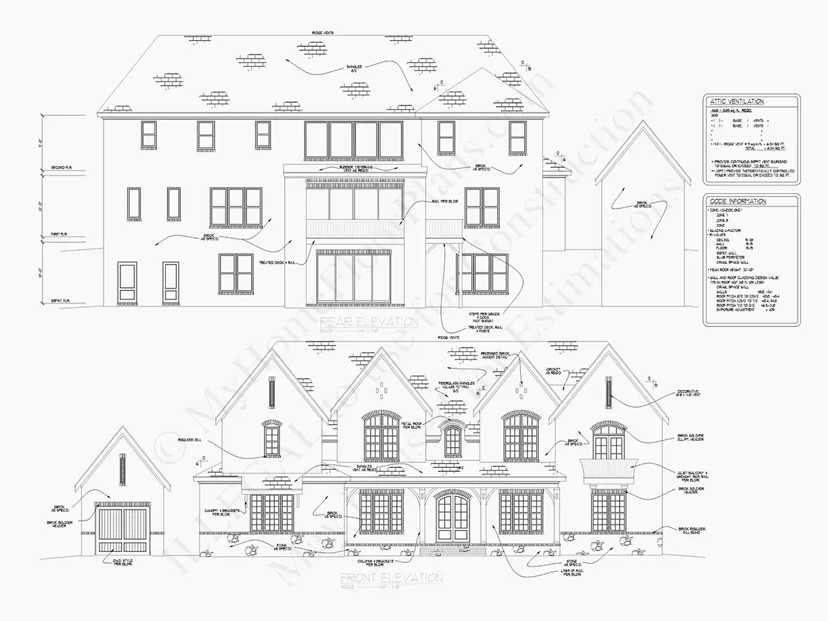 Elewacje 8 – Projekt domu piętrowego + piwnicą o pow. 646 m²: 6 Sypialnie, Gabinet, 7 Łazienki, Otwarta kuchnia, Garaż — 35577R