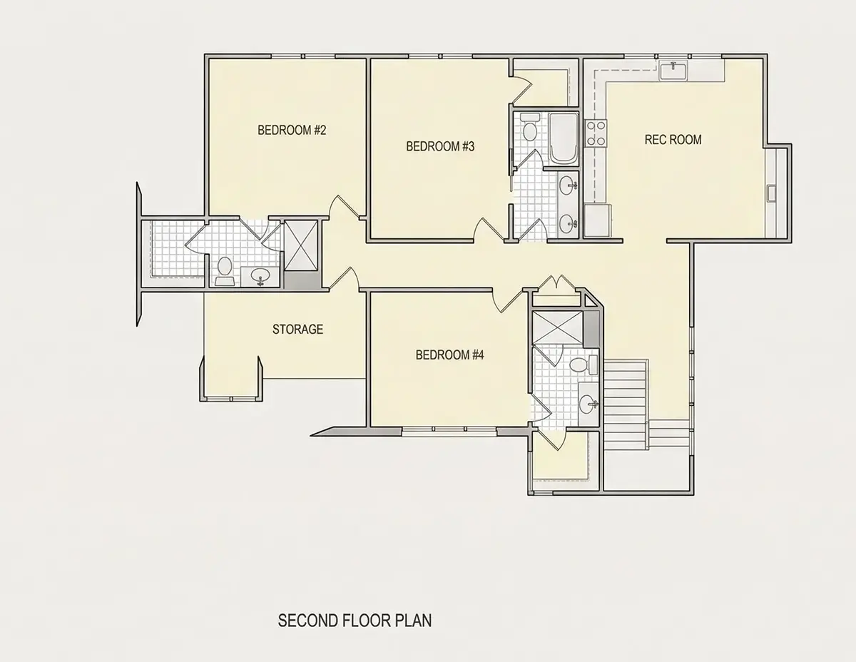 1. piętro 22 – Projekt domu z poddaszem użytkowym o pow. 398 m²: 4 Sypialnie, Gabinet, 5 Łazienki, Otwarta kuchnia, Garaż — 43606R