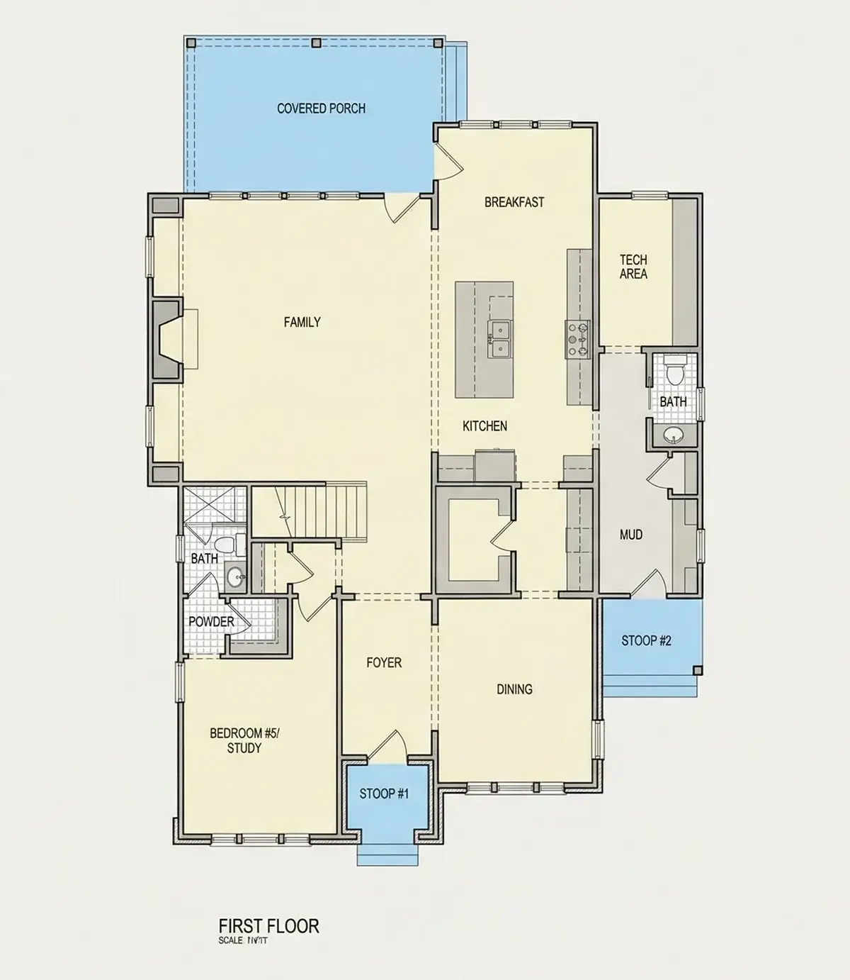 Parter 21 – Projekt domu piętrowego o pow. 409 m²: 5 Sypialnie, 6 Łazienki, Otwarta kuchnia, bez Garażu — 30387R