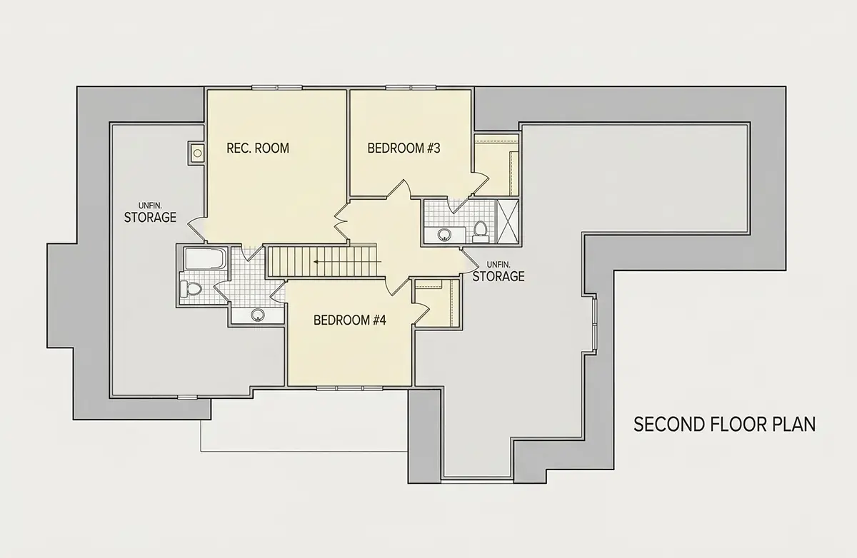 1. piętro 19 – Projekt domu piętrowego o pow. 288 m²: 4 Sypialnie, 5 Łazienki, Otwarta kuchnia, Garaż — 95174R
