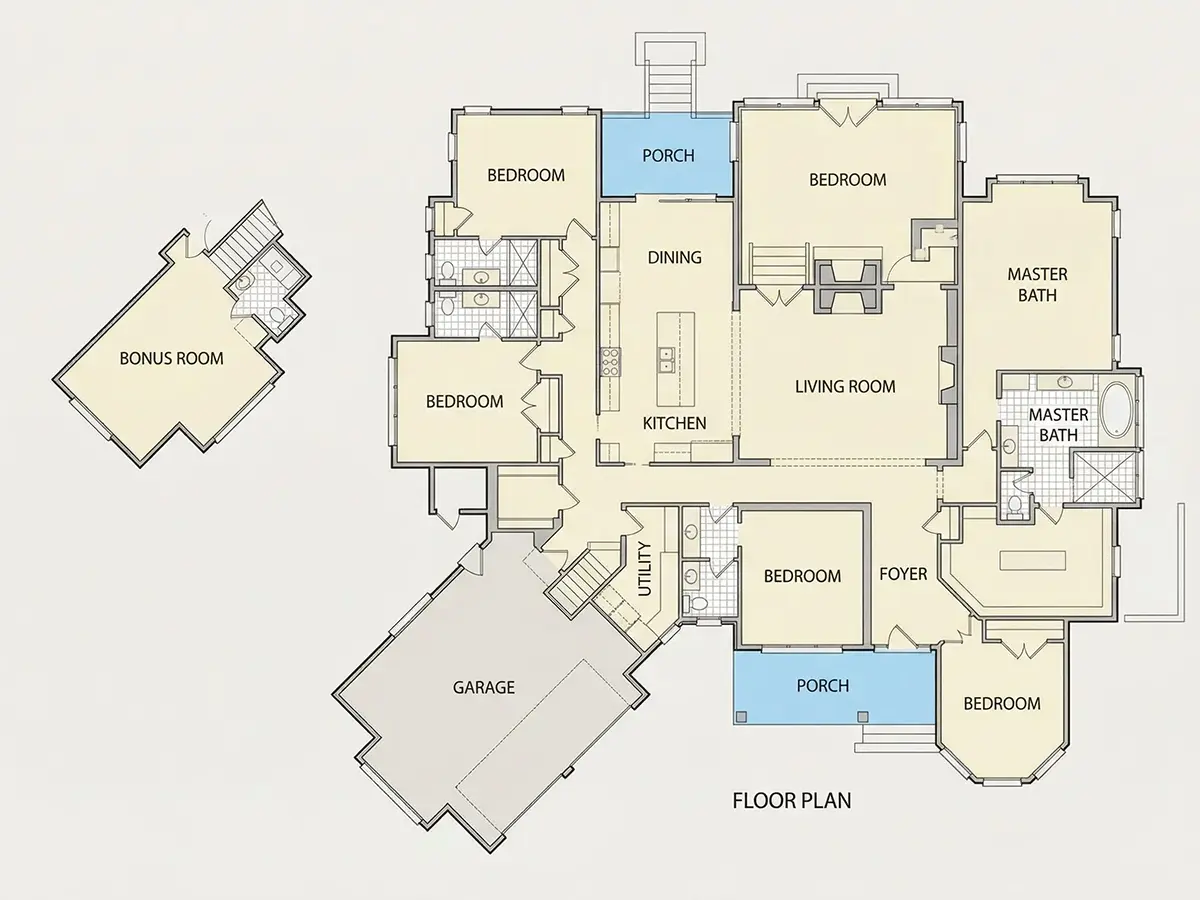Parter 9 – Projekt domu parterowego o pow. 400 m²: 4 Sypialnie, Gabinet, 5 Łazienki, Otwarta kuchnia, Garaż — 98458R