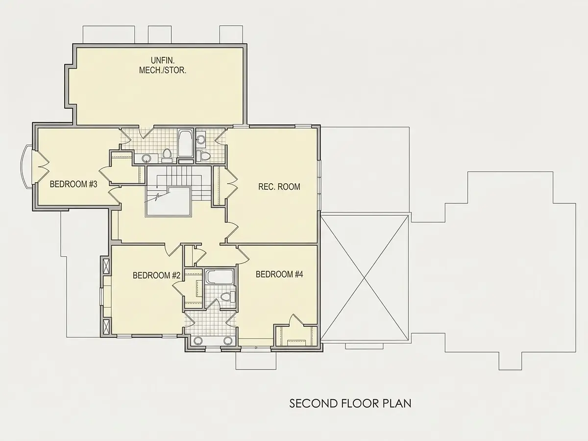 1. piętro 2 – Projekt domu piętrowego o pow. 360 m²: 4 Sypialnie, 7 Łazienki, Otwarta kuchnia, Garaż — 94639R
