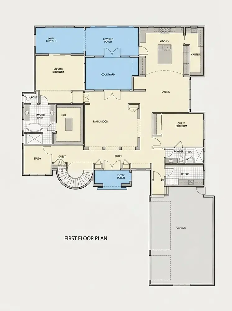 Parter 12 – Projekt domu piętrowego o pow. 448 m²: 5 Sypialnie, Gabinet, 4 Łazienki, Garaż — 64737R