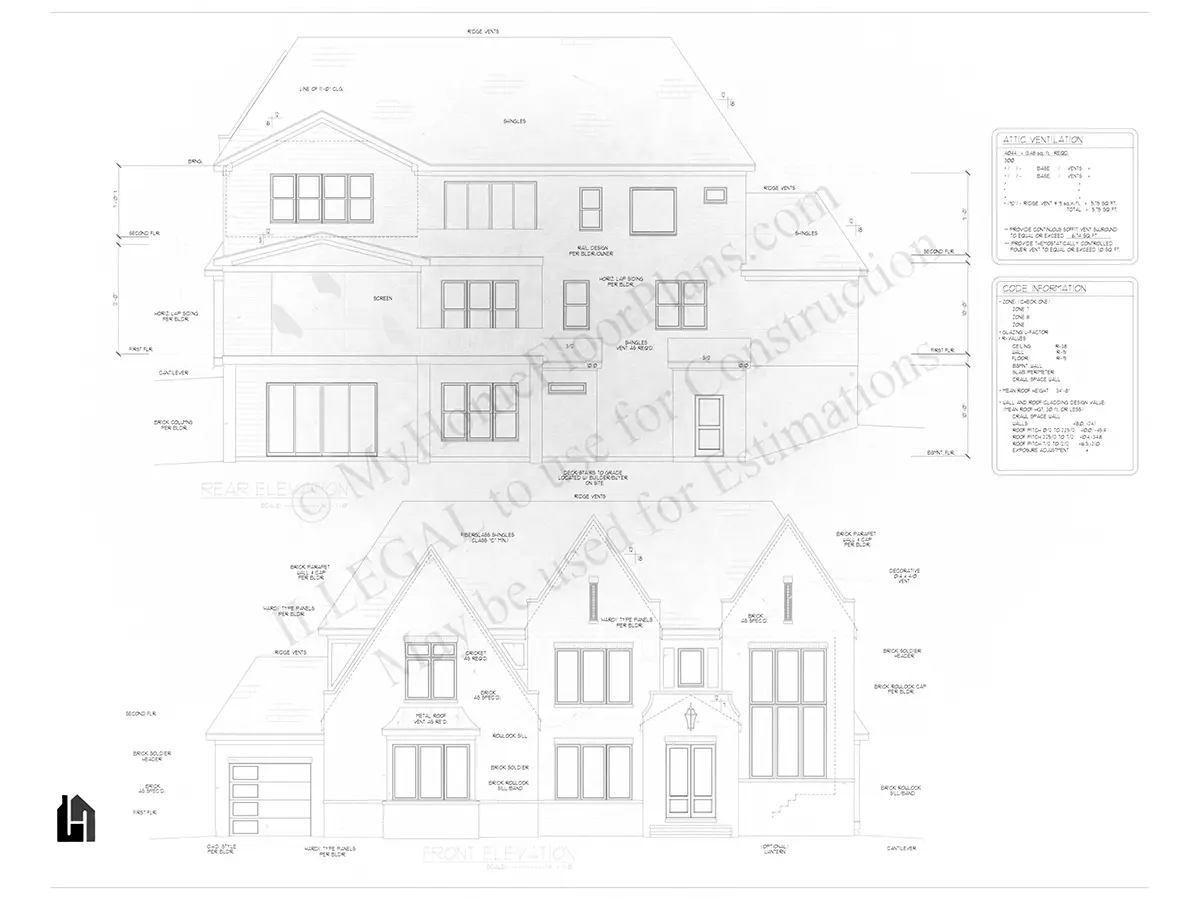 Elewacje 7 – Projekt domu piętrowego + piwnicą o pow. 624 m²: 5 Sypialnie, Gabinet, 7 Łazienki, Otwarta kuchnia, Garaż — 82614R