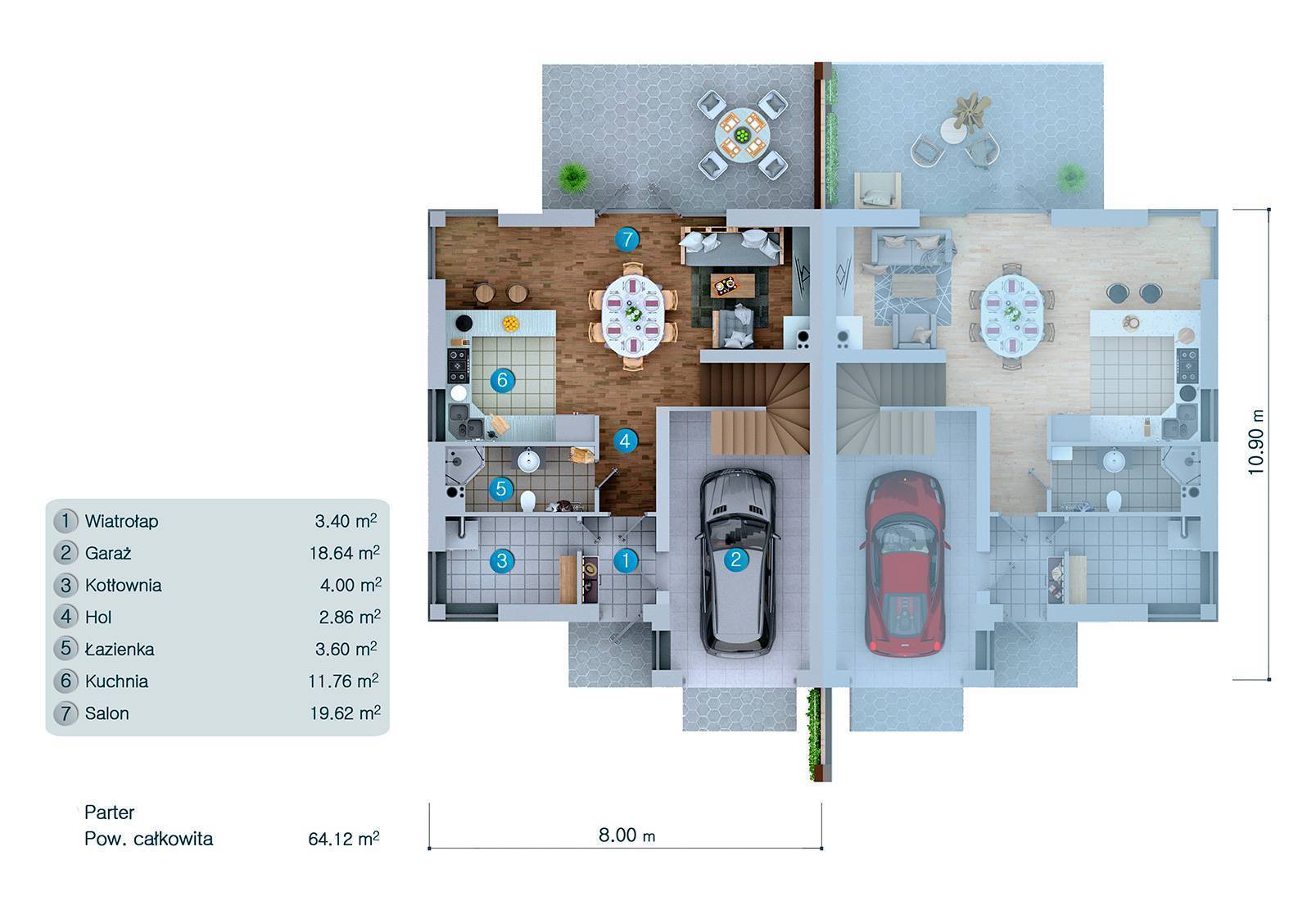 Projekt bliźniaka dwulokalowego z 4 pokojami na poddaszu - 49790R - 3