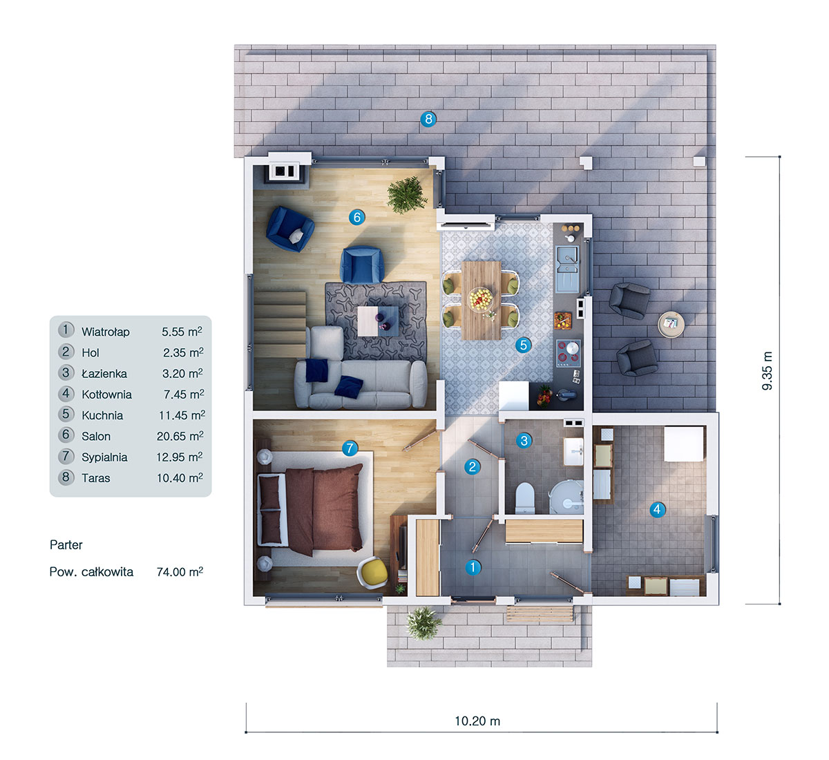 Projekt domu z wysokim sufitem w salonie i tarasem na piętrze - 99310C - 3