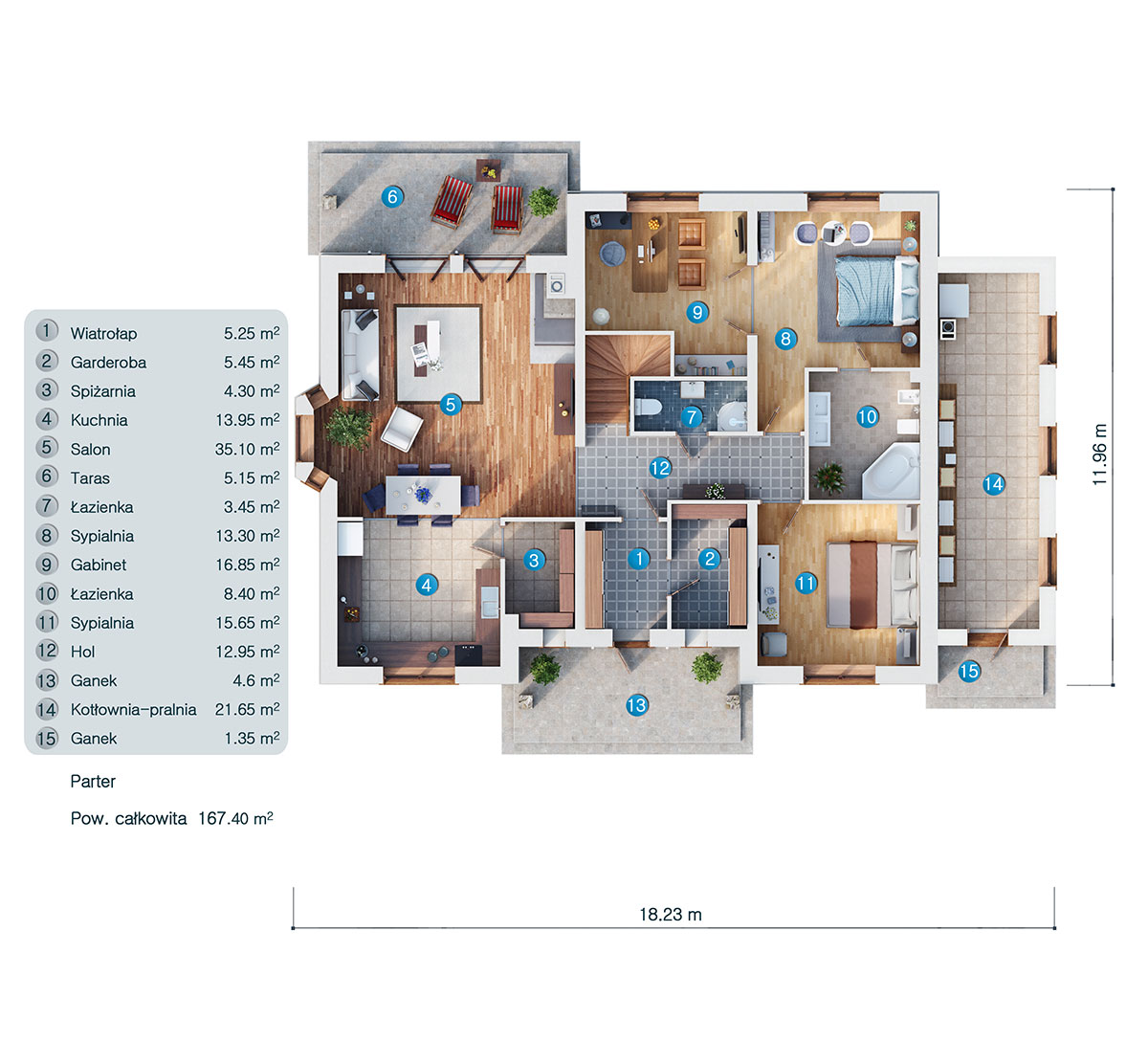 Projekt domu parterowego z poddaszem o pow. 268 m² z kinem domowym, 2 sypialniami i gabinetem