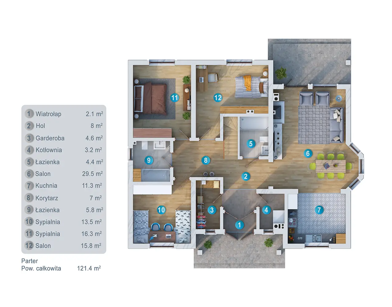 Projekt domu jednorodzinnego o pow. 164 m²: z poddaszem użytkowym, 4 Sypialnie, Gabinet, 3 Łazienki, Otwarta kuchnia