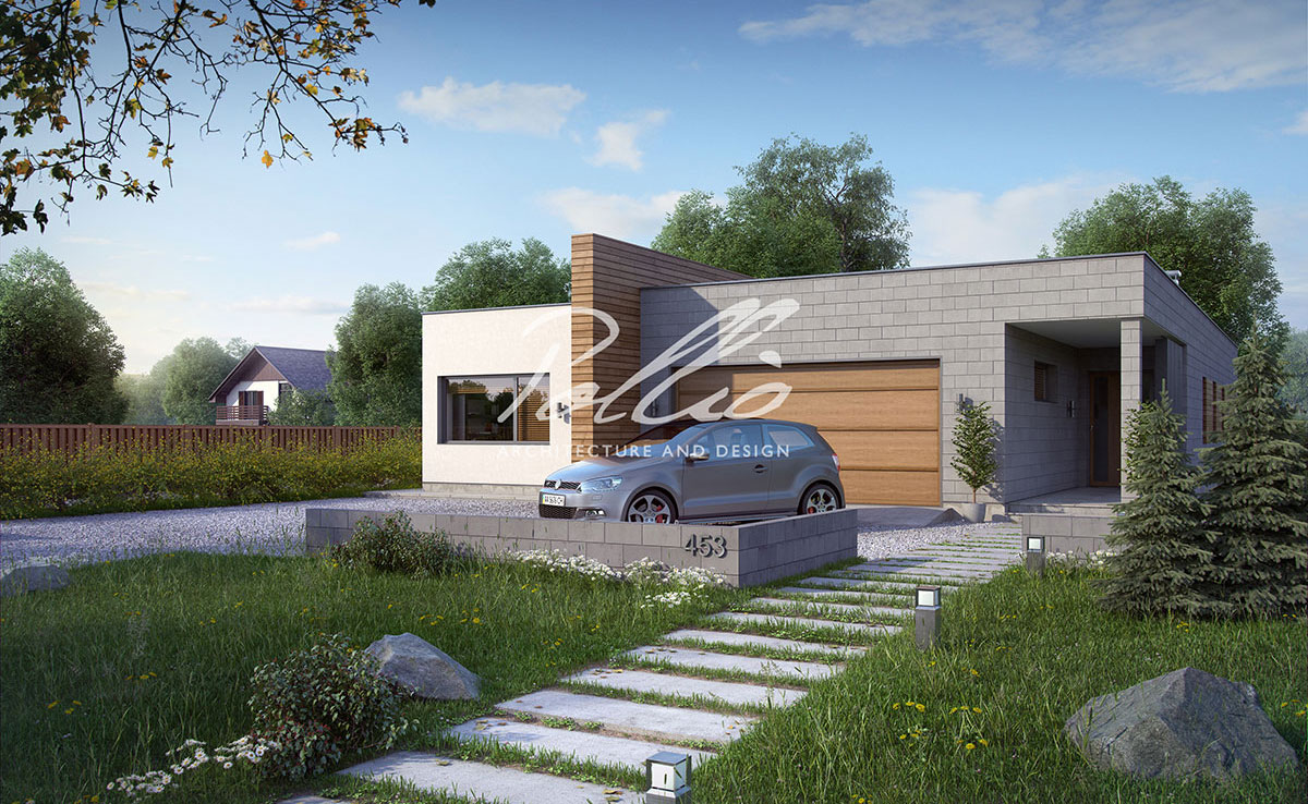 Projekt domu jednorodzinnego o pow. 203 m²: Parterowy, 3 Sypialnie, Gabinet, 3 Łazienki, Otwarta kuchnia, Garaż