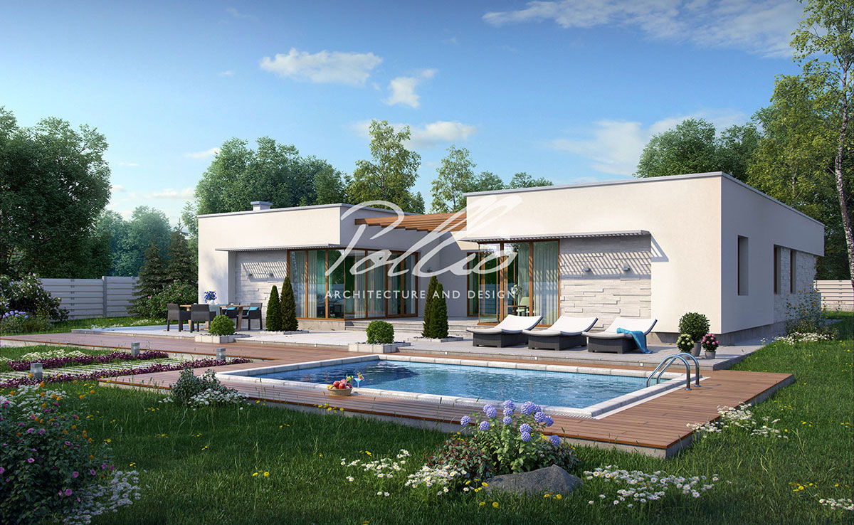 Projekt domu jednorodzinnego o pow. 233 m²: Parterowy, 3 Sypialnie, Gabinet, 3 Łazienki, Otwarta kuchnia, Garaż