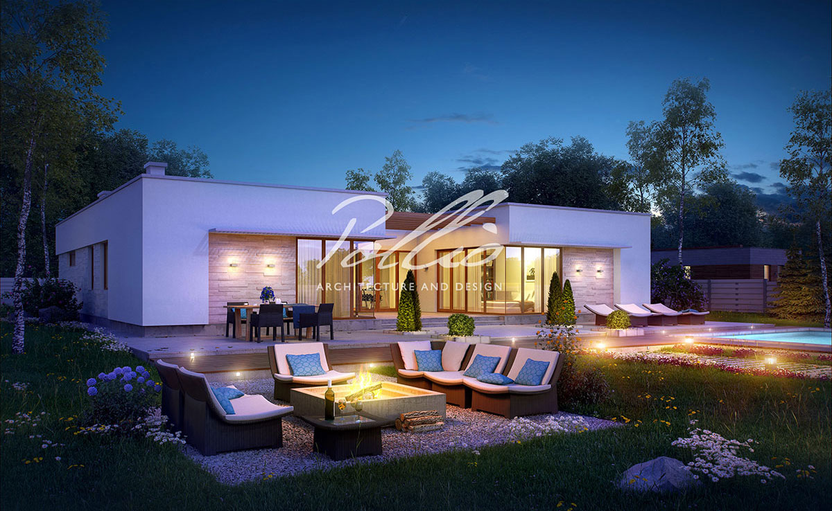 Projekt domu jednorodzinnego o pow. 233 m²: Parterowy, 3 Sypialnie, Gabinet, 3 Łazienki, Otwarta kuchnia, Garaż