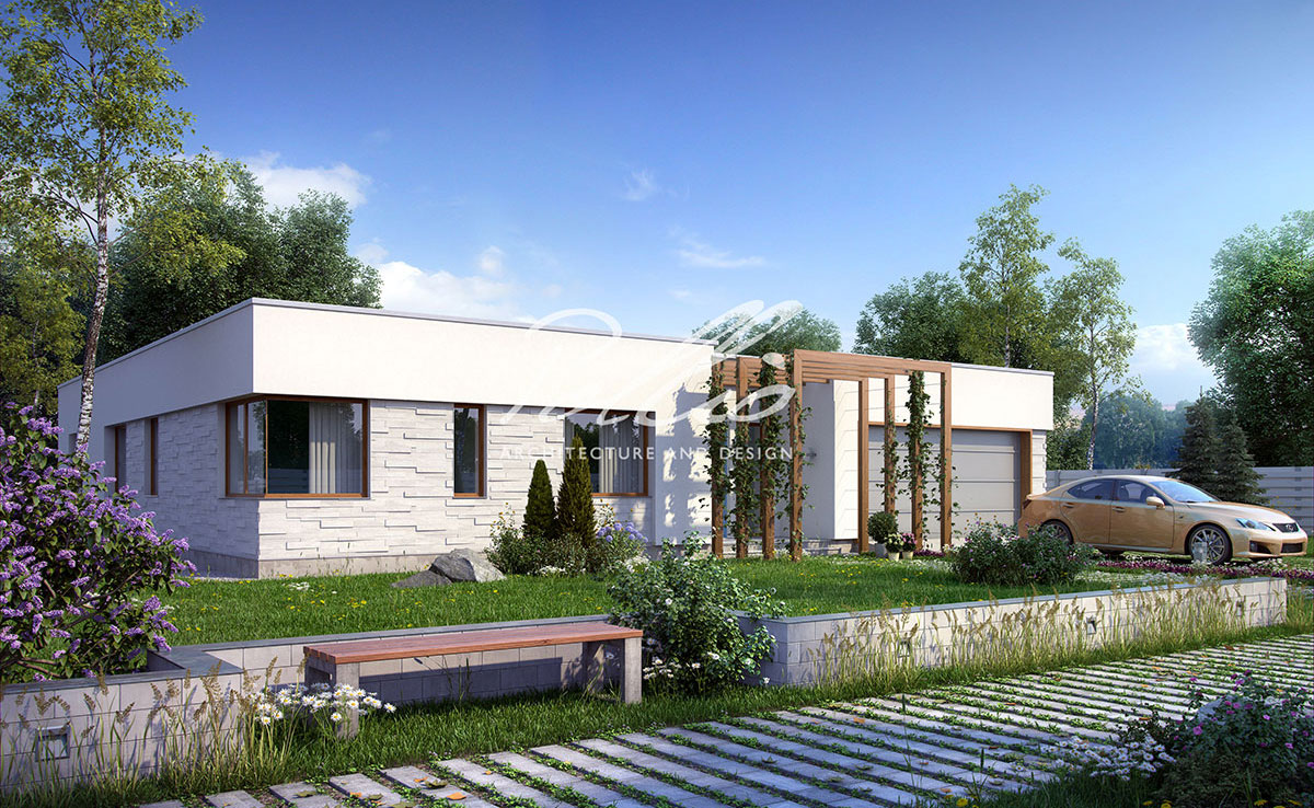 Projekt domu jednorodzinnego o pow. 233 m²: Parterowy, 3 Sypialnie, Gabinet, 3 Łazienki, Otwarta kuchnia, Garaż