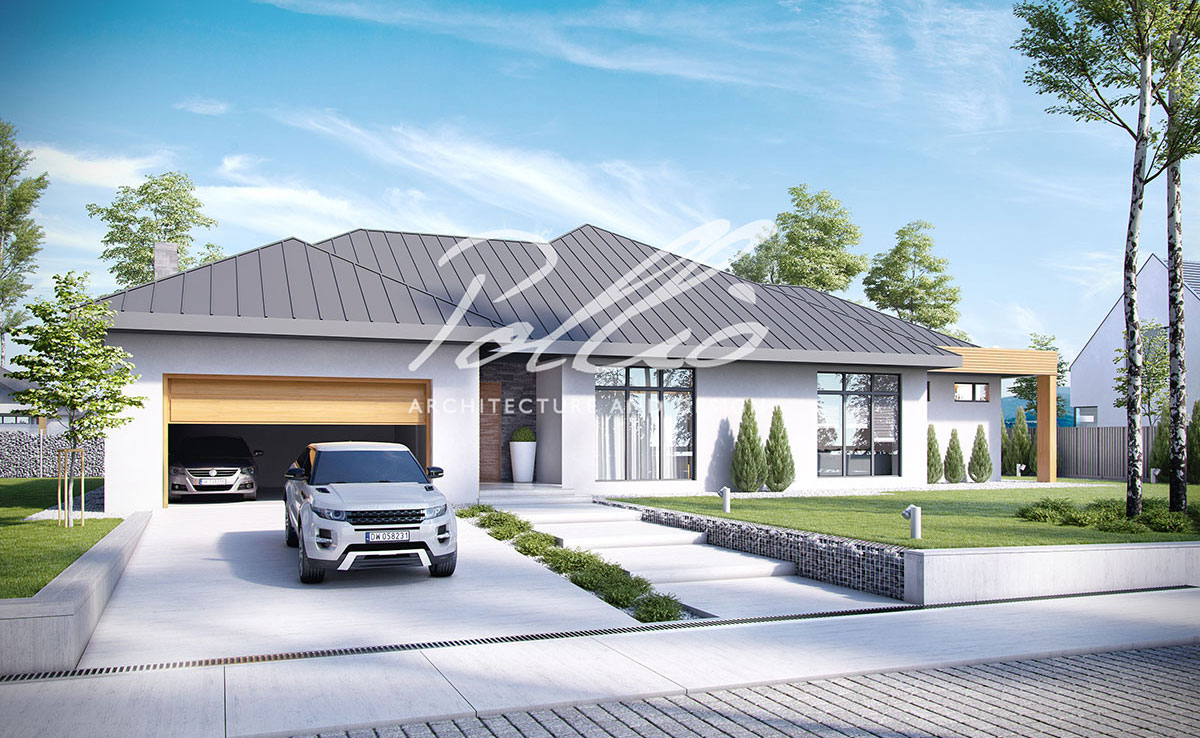 Projekt domu jednorodzinnego o pow. 260 m²: Parterowy, 3 Sypialnie, Gabinet, 3 Łazienki, Otwarta kuchnia, Garaż