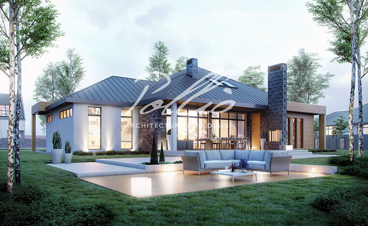 Projekt domu jednorodzinnego o pow. 260 m²: Parterowy, 3 Sypialnie, Gabinet, 3 Łazienki, Otwarta kuchnia, Garaż