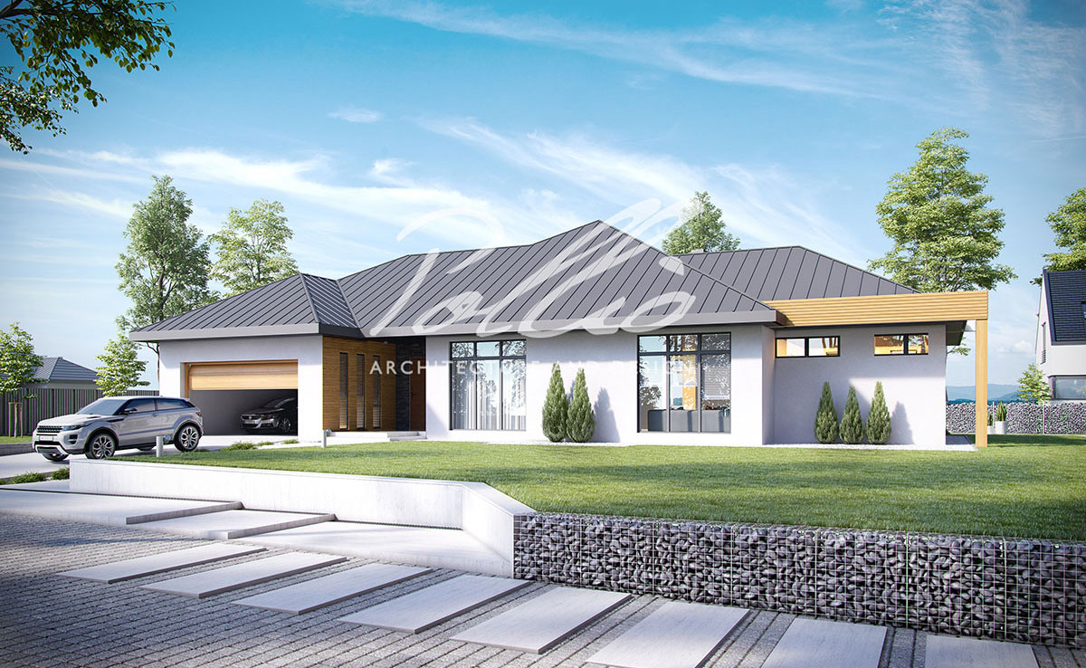 Projekt domu jednorodzinnego o pow. 260 m²: Parterowy, 3 Sypialnie, Gabinet, 3 Łazienki, Otwarta kuchnia, Garaż