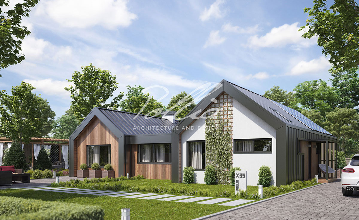 Projekt domu jednorodzinnego o pow. 132 m²: Parterowy z poddaszem użytkowym, 3 Sypialnie, 2 Łazienki, Otwarta kuchnia