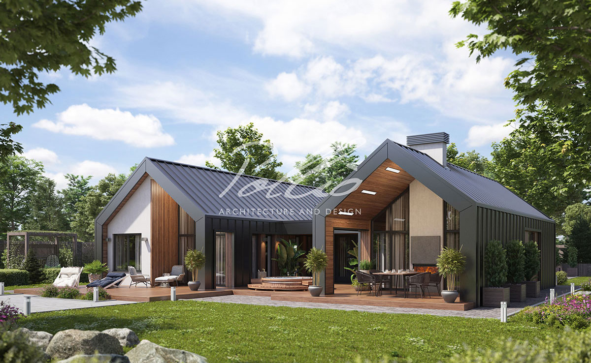 Projekt domu jednorodzinnego o pow. 132 m²: Parterowy z poddaszem użytkowym, 3 Sypialnie, 2 Łazienki, Otwarta kuchnia