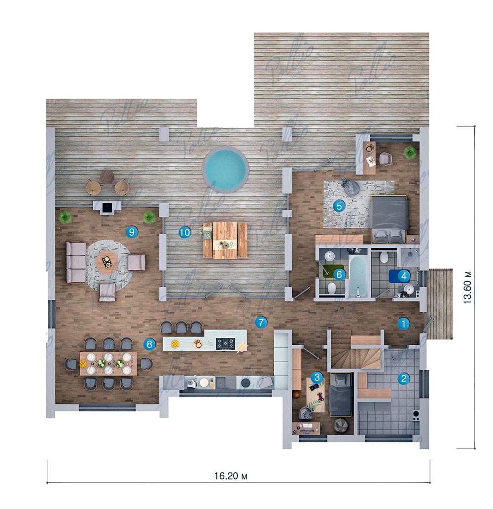 Projekt domu jednorodzinnego o pow. 132 m²: Parterowy z poddaszem użytkowym, 3 Sypialnie, 2 Łazienki, Otwarta kuchnia