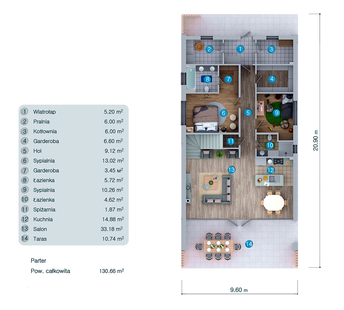 Projekt domu jednorodzinnego o pow. 195 m²: Parterowy z poddaszem użytkowym, 4 Sypialnie, 2 Łazienki, Otwarta kuchnia