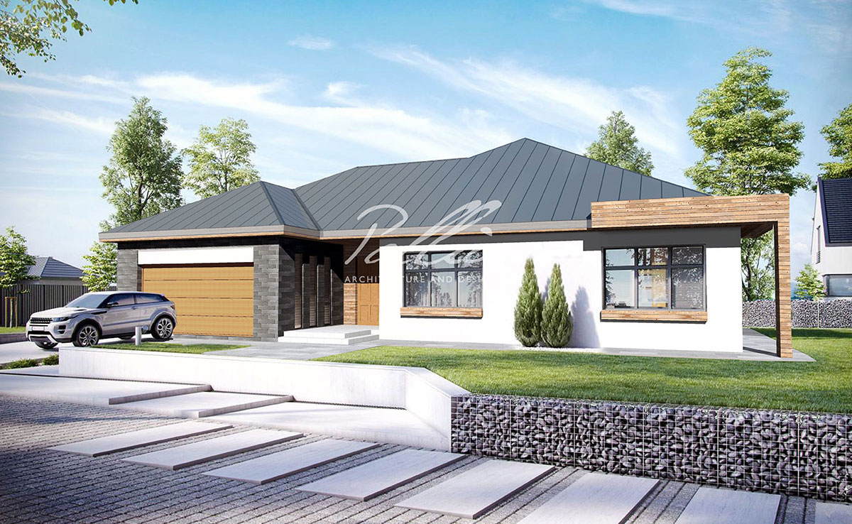 Projekt domu jednorodzinnego o pow. 187 m²: Parterowy, 4 Sypialnie, 3 Łazienki, Otwarta kuchnia, Garaż