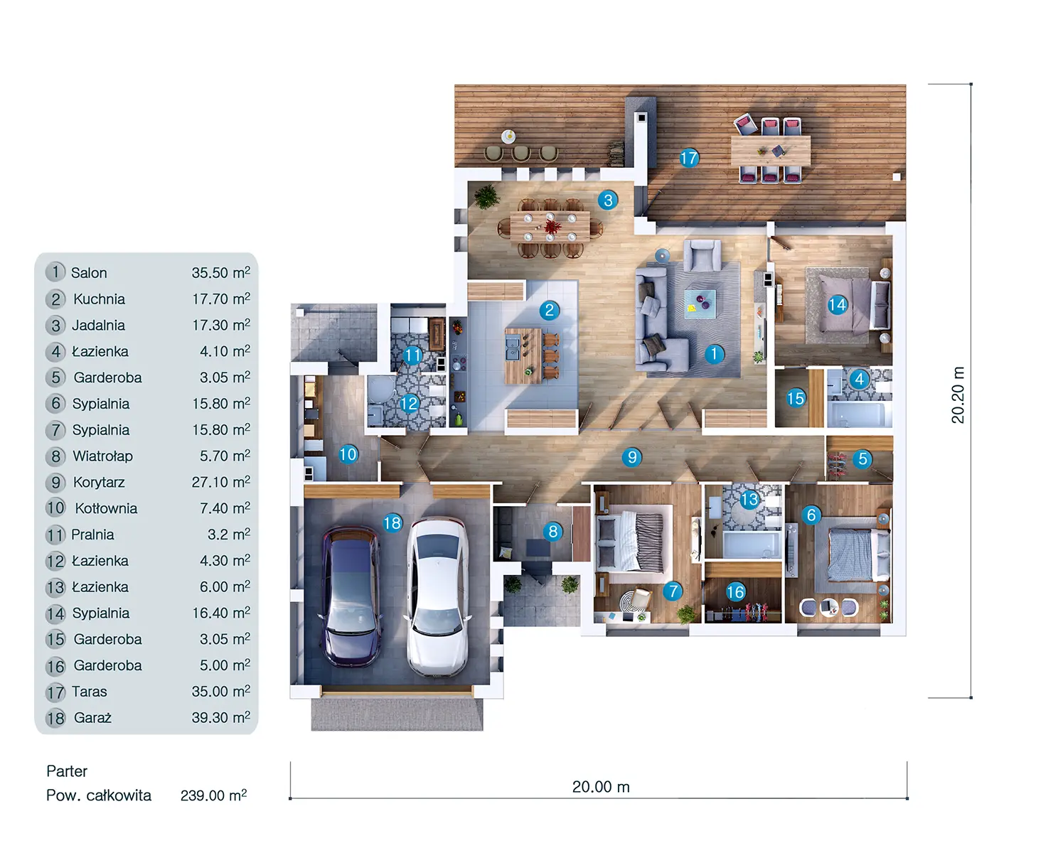 Projekt domu jednorodzinnego o pow. 187 m²: Parterowy, 4 Sypialnie, 3 Łazienki, Otwarta kuchnia, Garaż