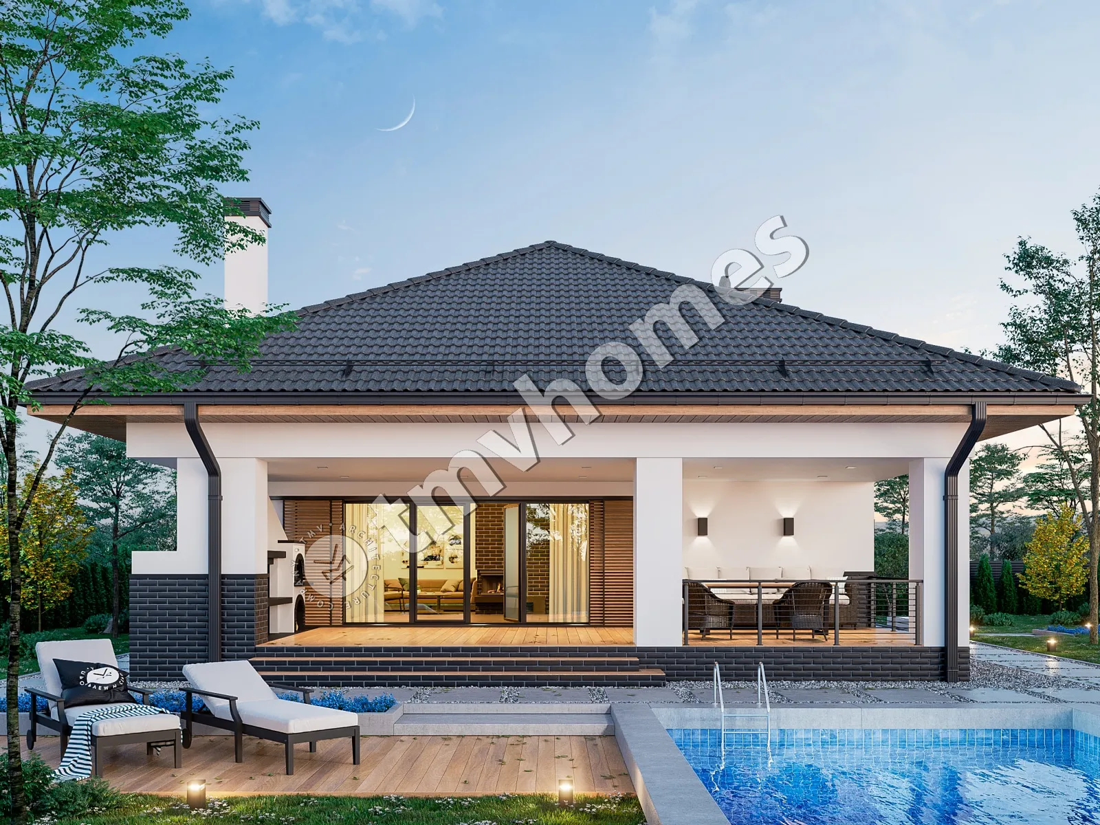 Projekt domu jednorodzinnego o pow. 100 m²: Parterowy, 2 Sypialnie, 1 Łazienki, Otwarta kuchnia