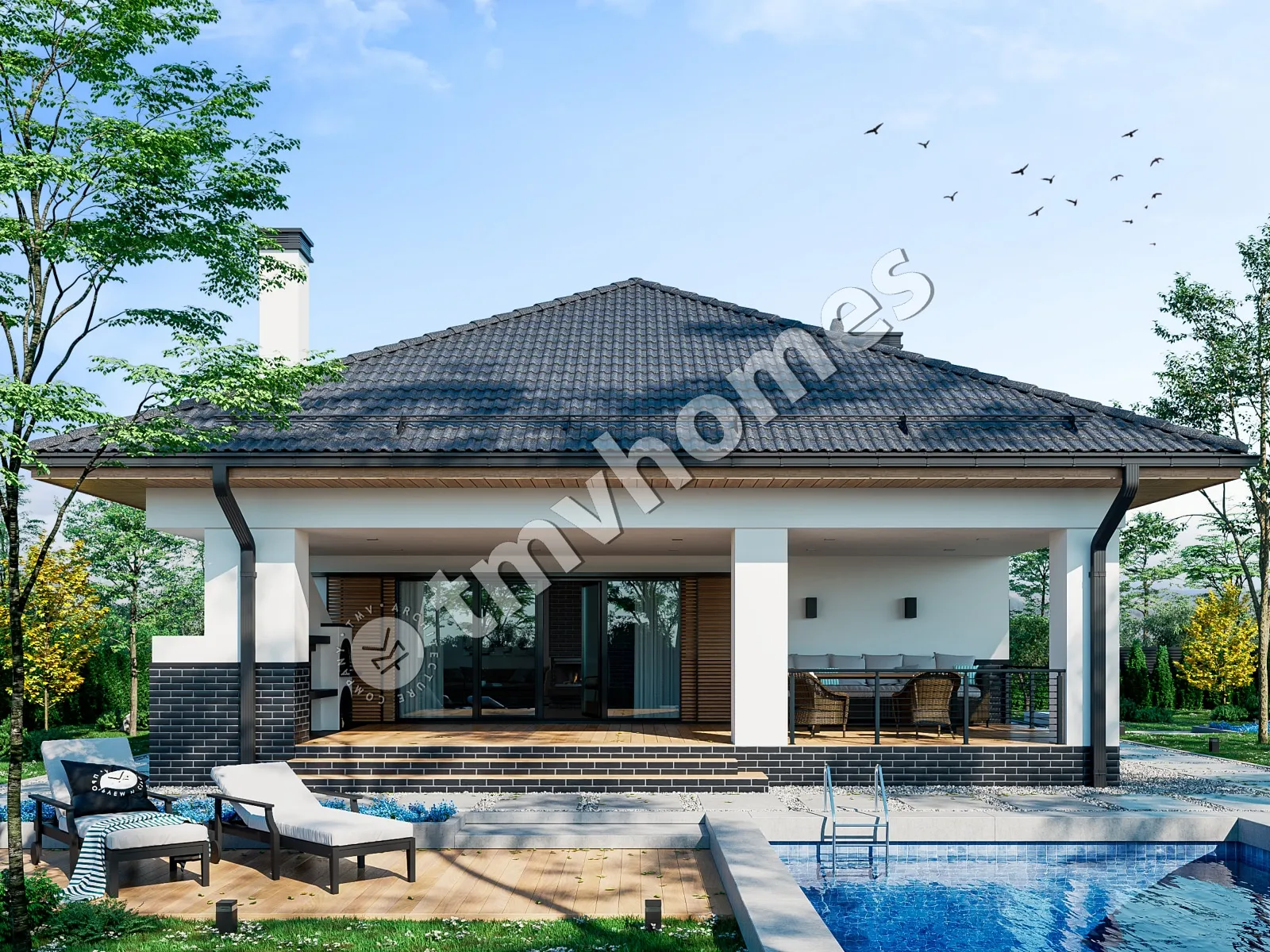 Projekt domu jednorodzinnego o pow. 100 m²: Parterowy, 2 Sypialnie, 1 Łazienki, Otwarta kuchnia