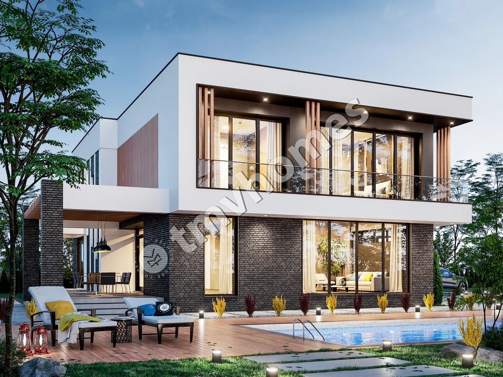 Projekt domu jednorodzinnego o pow. 330 m²: Piętrowy, 4 Sypialnie, Gabinet, 3 Łazienki, Otwarta kuchnia, Garaż